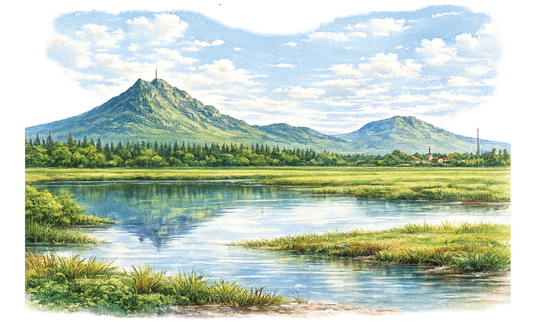 Paysage aquarelle tunisien — montagnes, lac et champs verdoyants